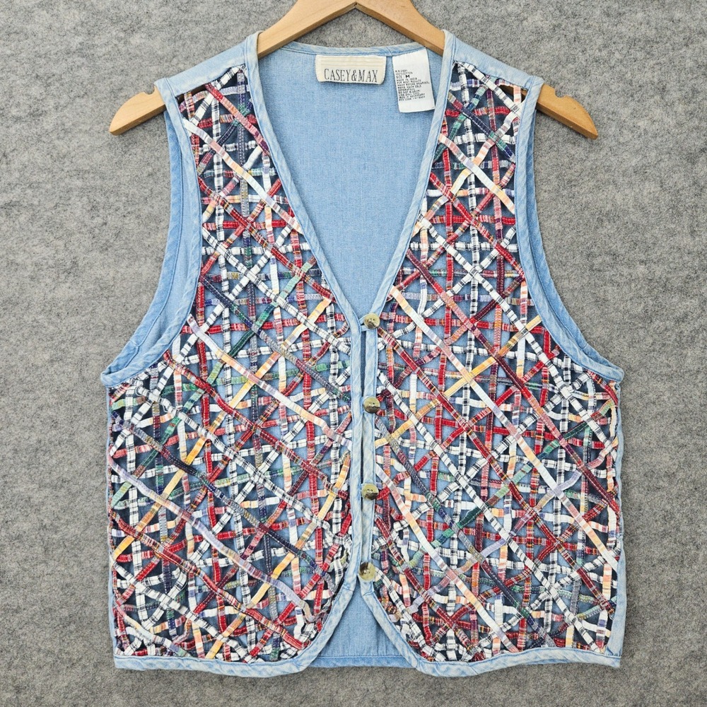 Casey & Max Women's Blue Denim Vest Size M Cotton Woven Lattice Patchwork V-Neck